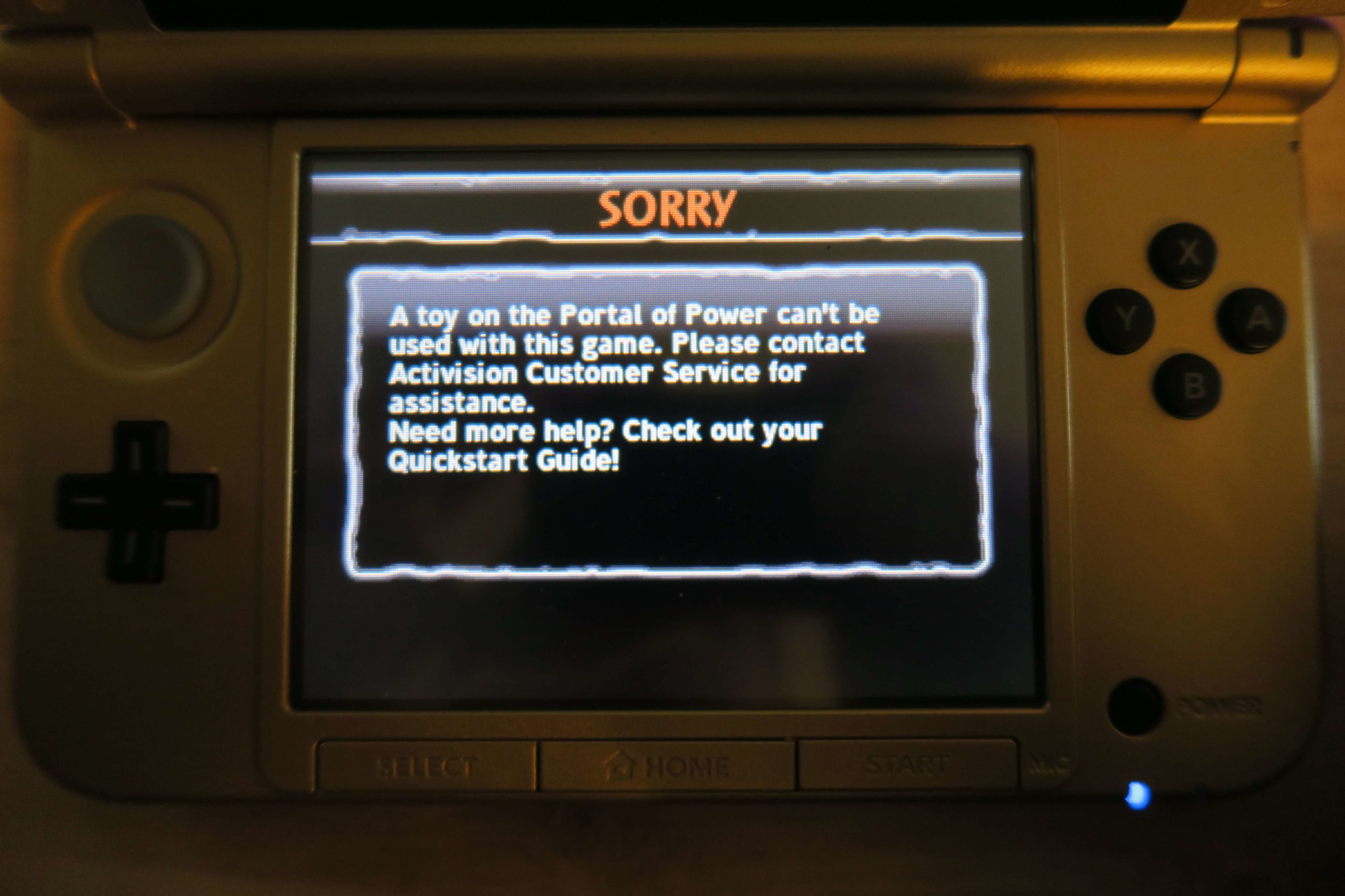 Skylanders Spyro's Adventure 3DS Error Message