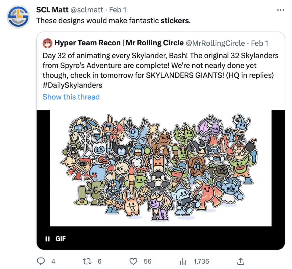 Mr Rolling Circle tweet that was retweeted by SCL Matt containing 32 animated Skylanders in a GIF